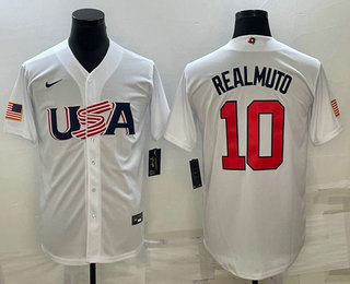 Mens USA Baseball #10 JT Realmuto 2023 White World Baseball Classic Stitched Jersey